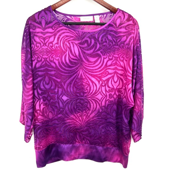Chico's Size 1 or Medium M Sheer Floral Pink Purple Blouse Shirt Top Summer Fall - Picture 1 of 7